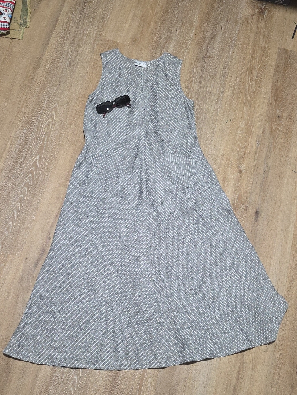 Habitat 100% Linen Gray Striped Sleeveless Maxi Dress with Front Pockets